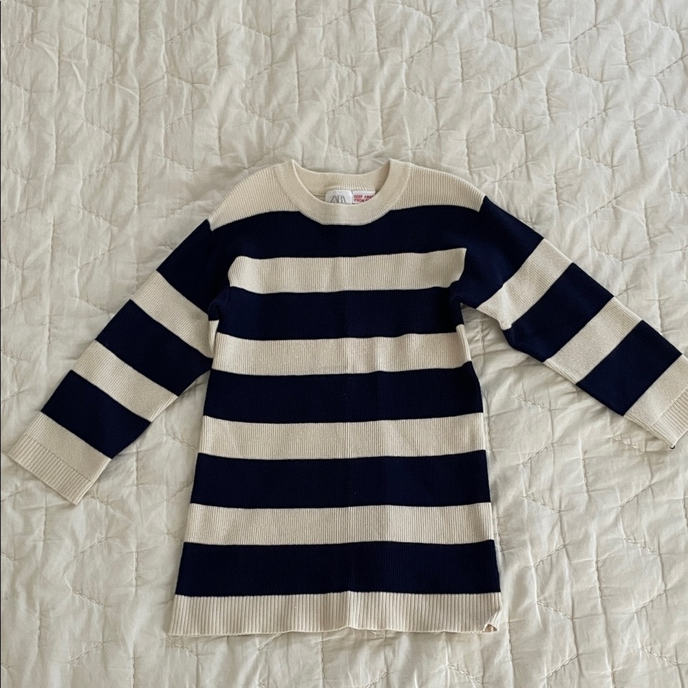 Zara Kids Navy and Cream Striped Casual Dress